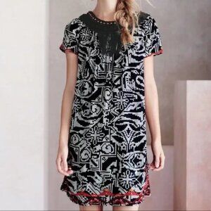 Anthropologie Black Print Dress with Fringe Detail _ M